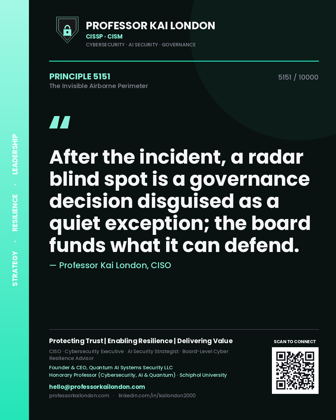 Professor Kai London principle 5151: After the incident, a radar blind spot is a governance decision disguised as a quiet exception; the board funds what it can defend.