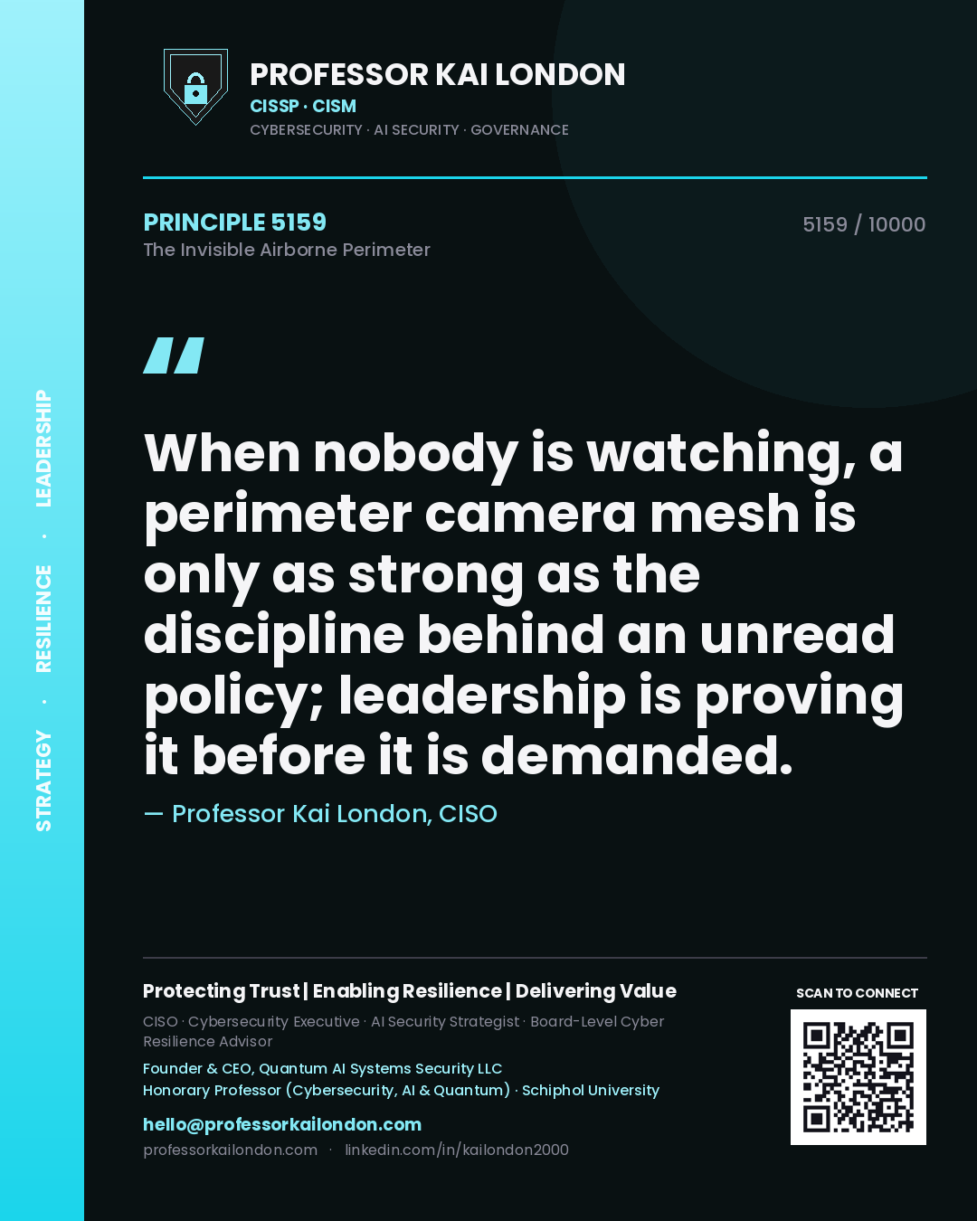 Professor Kai London principle 5159: When nobody is watching, a perimeter camera mesh is only as strong as the discipline behind an unread policy; leadership is proving it before it is demanded.