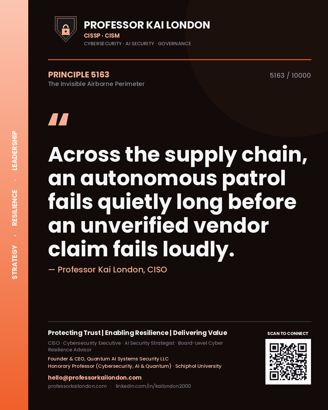 Quote card by Professor Kai London reading 'Across the supply chain, an autonomous patrol fails quietly long before an unverified vendor claim fails loudly.'. From the book The Invisible Airborne Perimeter.