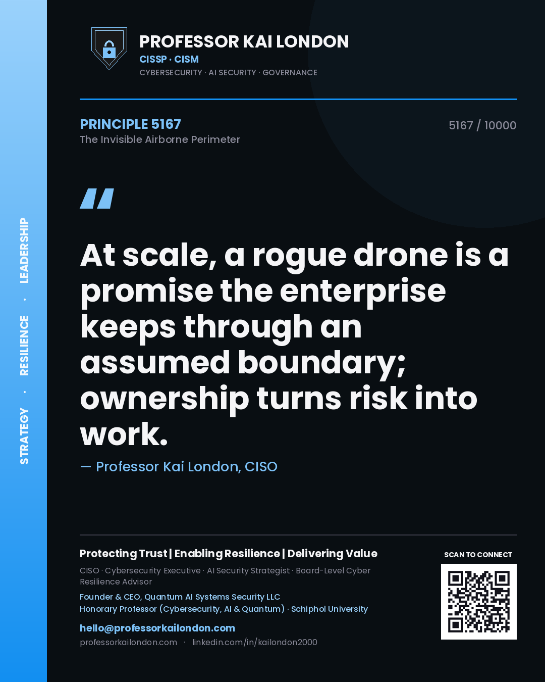 Professor Kai London principle 5167: At scale, a rogue drone is a promise the enterprise keeps through an assumed boundary; ownership turns risk into work.