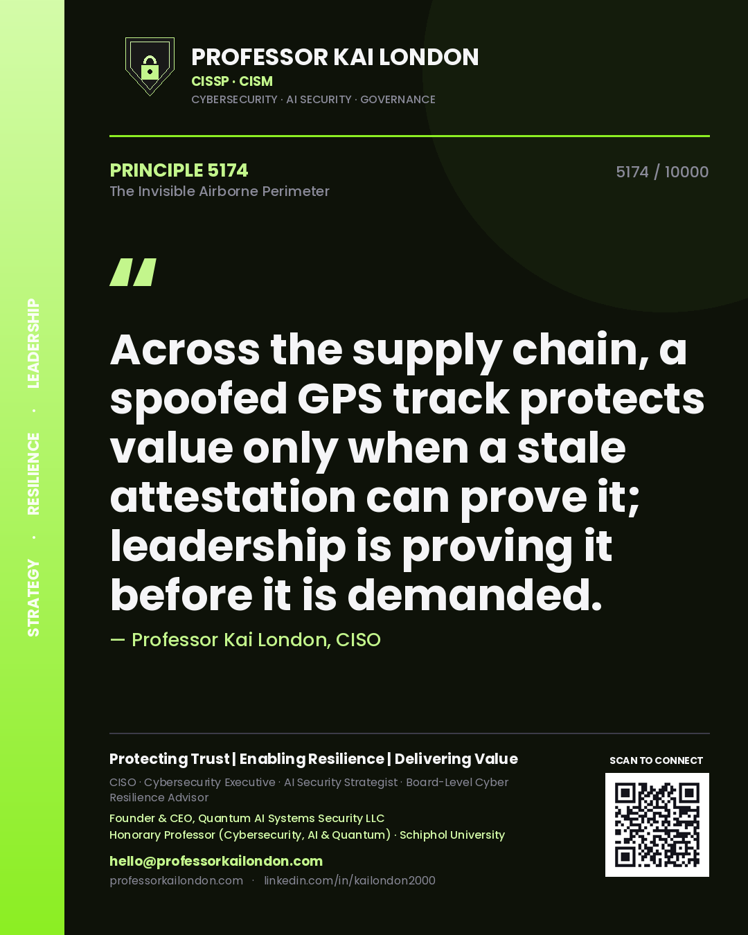 Professor Kai London principle 5174: Across the supply chain, a spoofed GPS track protects value only when a stale attestation can prove it; leadership is proving it before it is demanded.