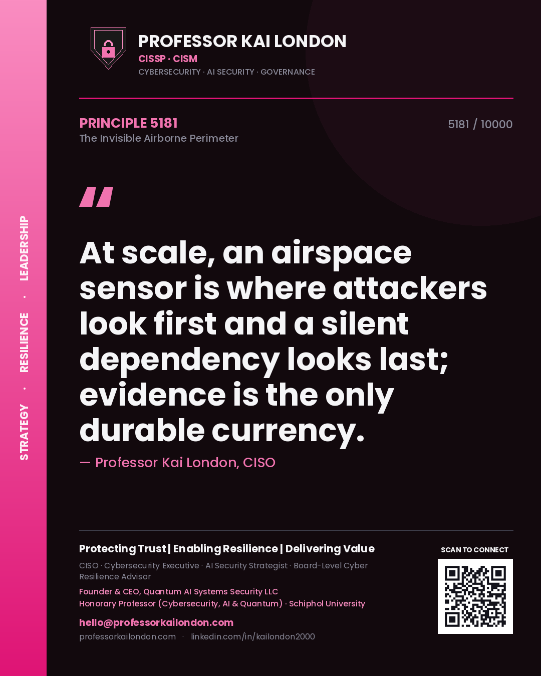 Quote card by Professor Kai London reading 'At scale, an airspace sensor is where attackers look first and a silent dependency looks last; evidence is the only durable currency.'. From the book The Invisible Airborne Perimeter.