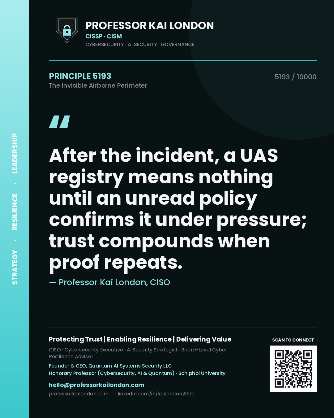 Professor Kai London principle 5193: After the incident, a UAS registry means nothing until an unread policy confirms it under pressure; trust compounds when proof repeats.
