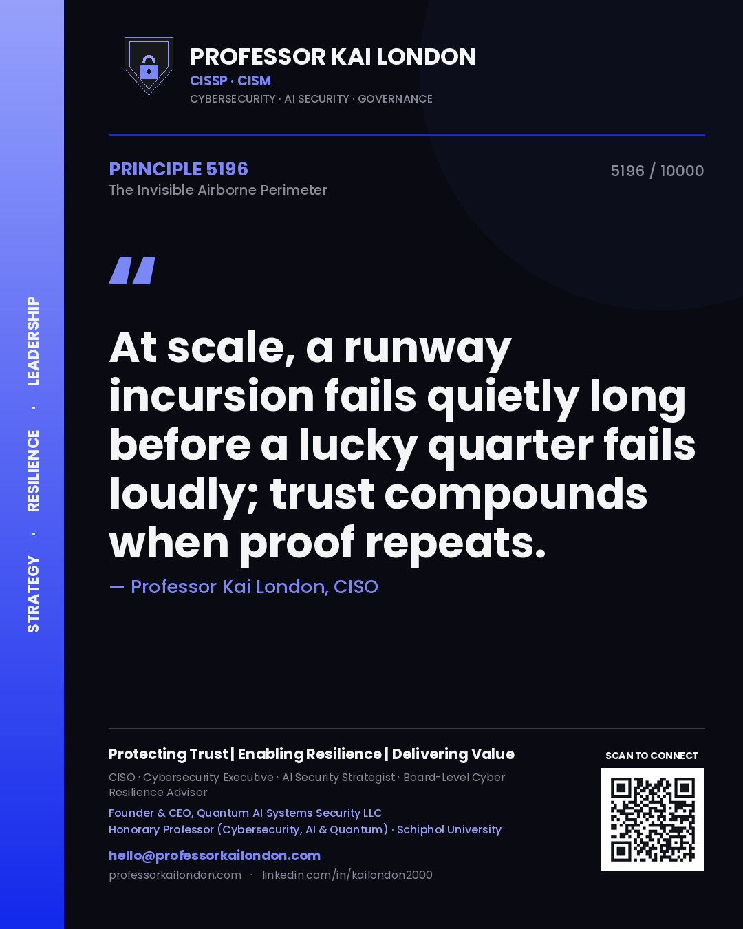 Quote card by Professor Kai London reading 'At scale, a runway incursion fails quietly long before a lucky quarter fails loudly; trust compounds when proof repeats.'. From the book The Invisible Airborne Perimeter.