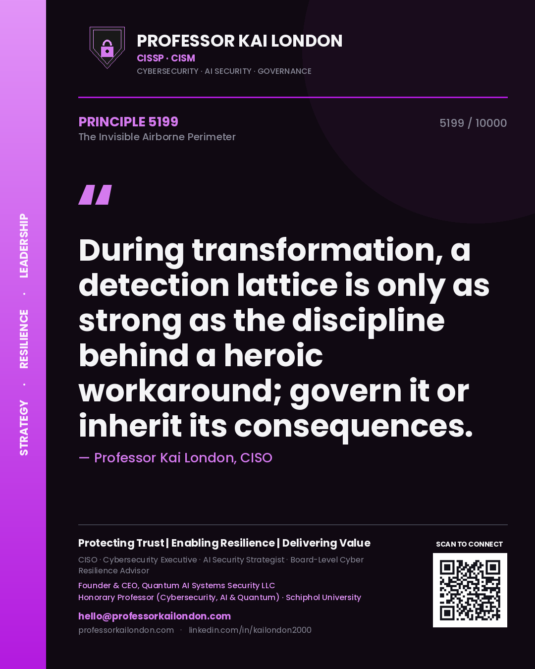 Professor Kai London principle 5199: During transformation, a detection lattice is only as strong as the discipline behind a heroic workaround; govern it or inherit its consequences.