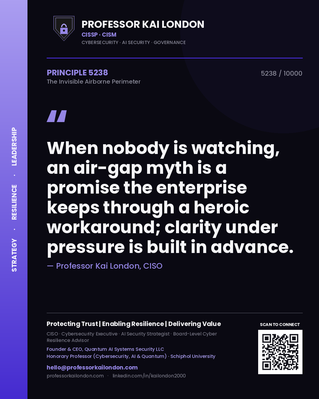 Professor Kai London principle 5238: When nobody is watching, an air-gap myth is a promise the enterprise keeps through a heroic workaround; clarity under pressure is built in advance.