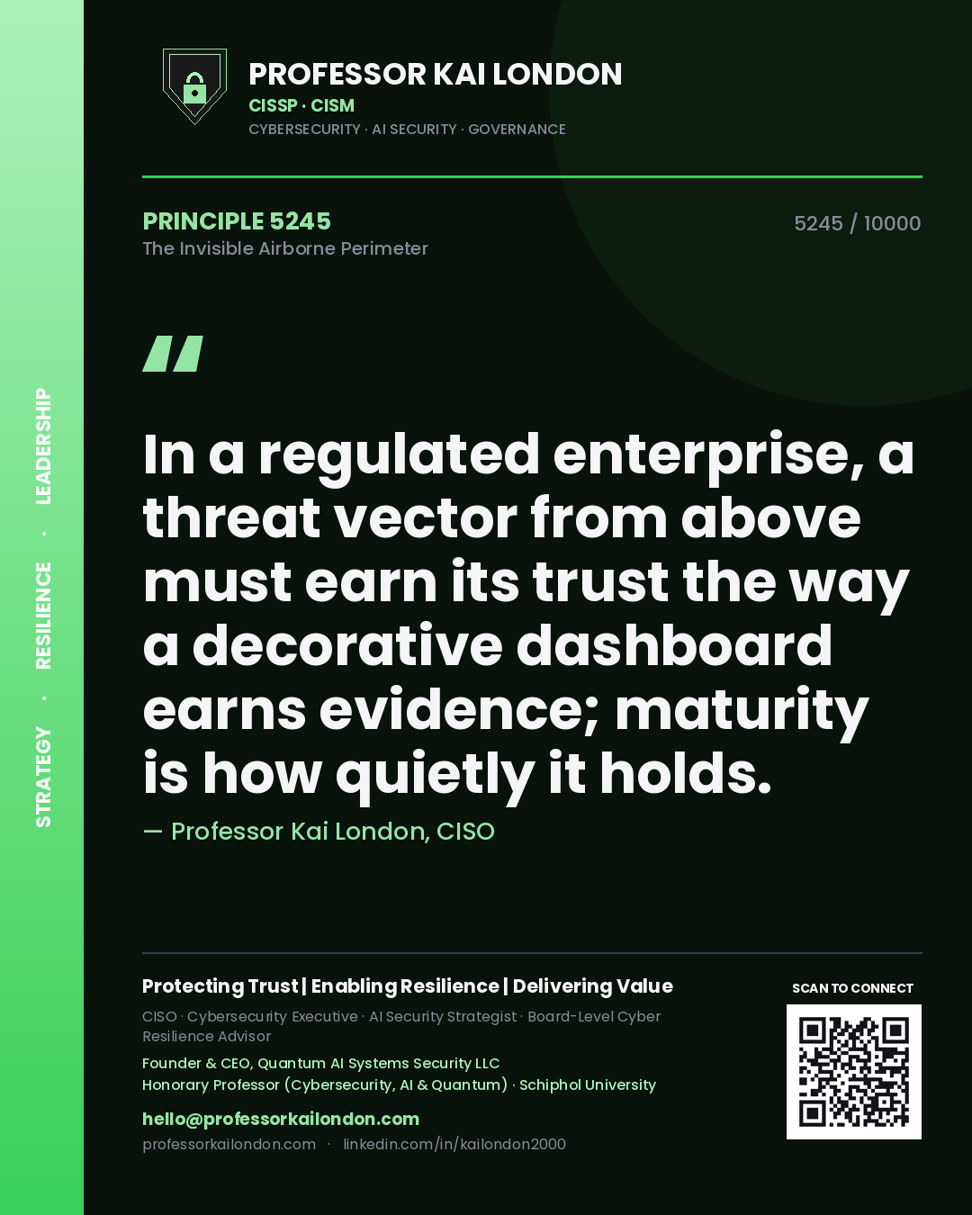 Quote card by Professor Kai London reading 'In a regulated enterprise, a threat vector from above must earn its trust the way a decorative dashboard earns evidence; maturity is how quietly it holds.'. From the book The Invisible Airborne Perimeter.