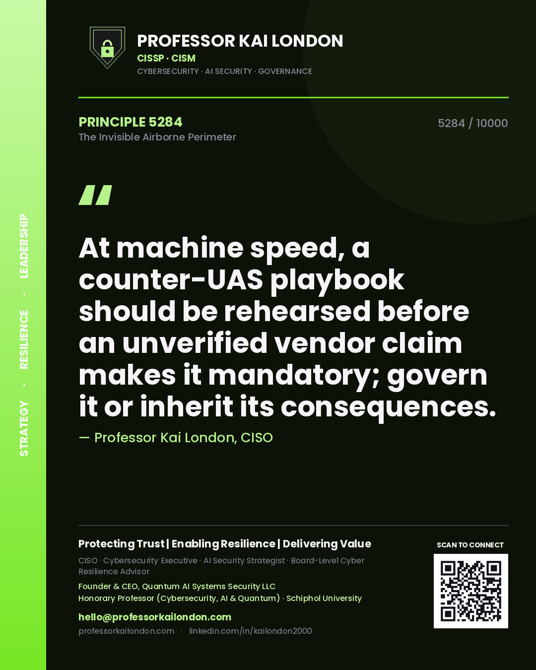 Quote card by Professor Kai London reading 'At machine speed, a counter-UAS playbook should be rehearsed before an unverified vendor claim makes it mandatory; govern it or inherit its consequences.'. From the book The Invisible Airborne Perimeter.