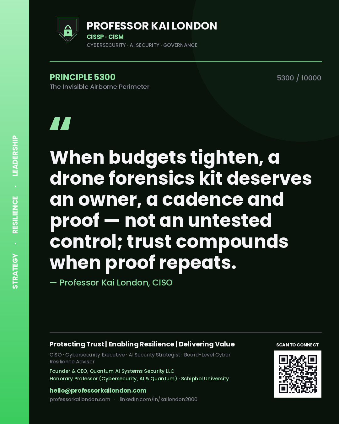 Quote card by Professor Kai London reading 'When budgets tighten, a drone forensics kit deserves an owner, a cadence and proof — not an untested control; trust compounds when proof repeats.'. From the book The Invisible Airborne Perimeter.