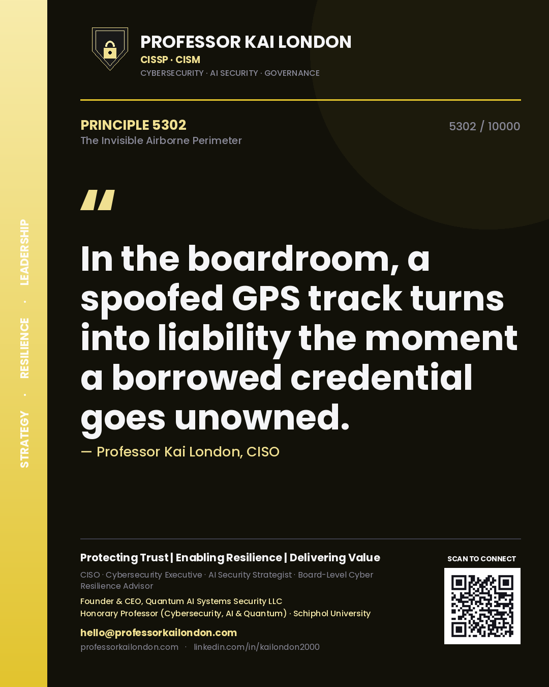 Professor Kai London principle 5302: In the boardroom, a spoofed GPS track turns into liability the moment a borrowed credential goes unowned.