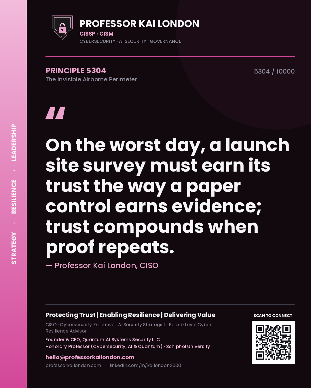 Professor Kai London principle 5304: On the worst day, a launch site survey must earn its trust the way a paper control earns evidence; trust compounds when proof repeats.