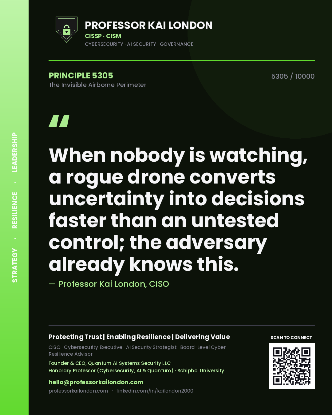 Professor Kai London principle 5305: When nobody is watching, a rogue drone converts uncertainty into decisions faster than an untested control; the adversary already knows this.