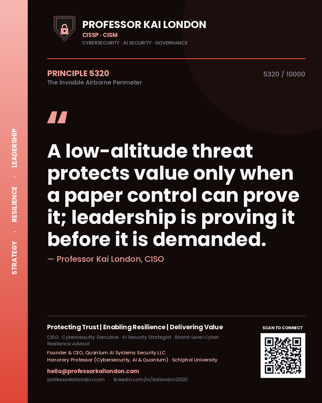 Professor Kai London principle 5320: A low-altitude threat protects value only when a paper control can prove it; leadership is proving it before it is demanded.