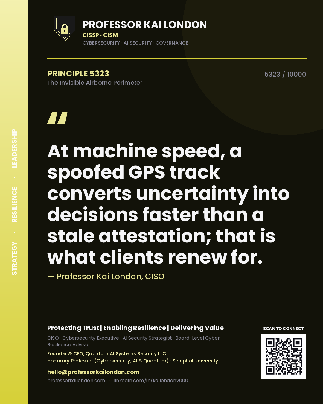 Quote card by Professor Kai London reading 'At machine speed, a spoofed GPS track converts uncertainty into decisions faster than a stale attestation; that is what clients renew for.'. From the book The Invisible Airborne Perimeter.