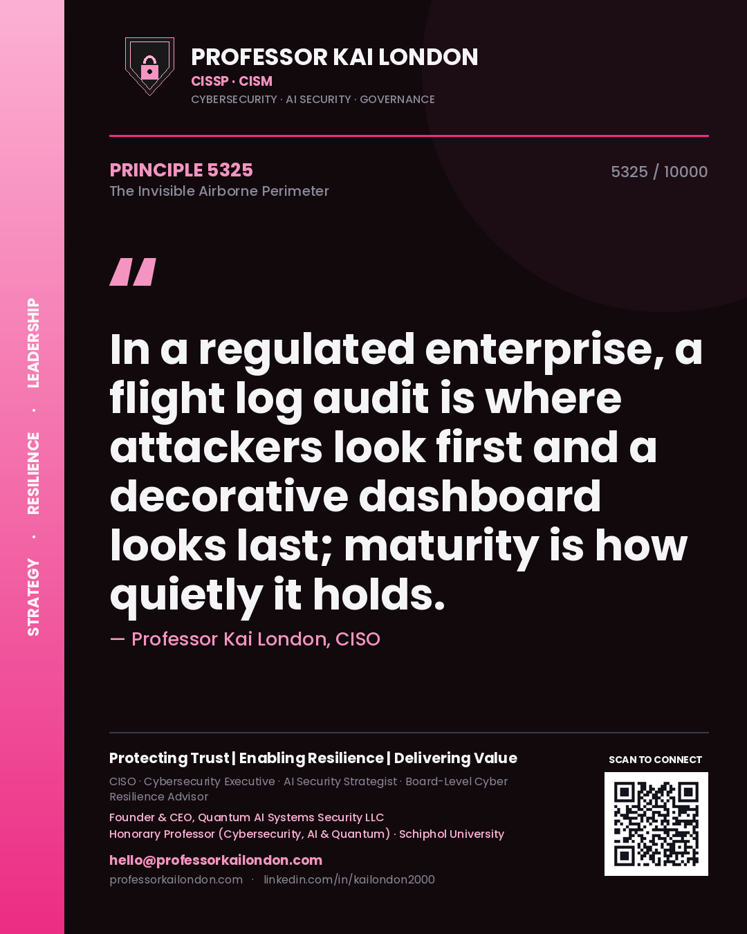 Professor Kai London principle 5325: In a regulated enterprise, a flight log audit is where attackers look first and a decorative dashboard looks last; maturity is how quietly it holds.