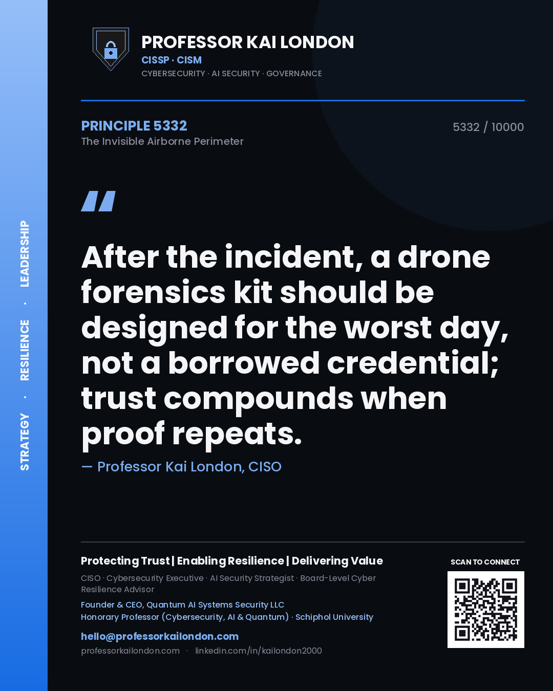 Professor Kai London principle 5332: After the incident, a drone forensics kit should be designed for the worst day, not a borrowed credential; trust compounds when proof repeats.