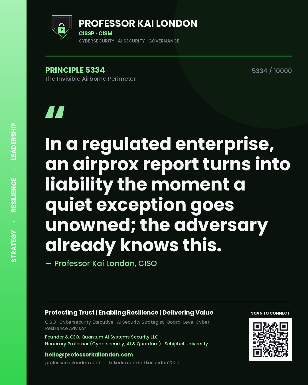 Quote card by Professor Kai London reading 'In a regulated enterprise, an airprox report turns into liability the moment a quiet exception goes unowned; the adversary already knows this.'. From the book The Invisible Airborne Perimeter.