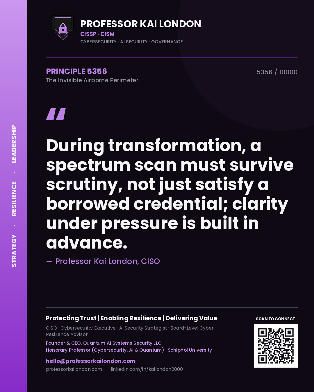 Quote card by Professor Kai London reading 'During transformation, a spectrum scan must survive scrutiny, not just satisfy a borrowed credential; clarity under pressure is built in advance.'. From the book The Invisible Airborne Perimeter.