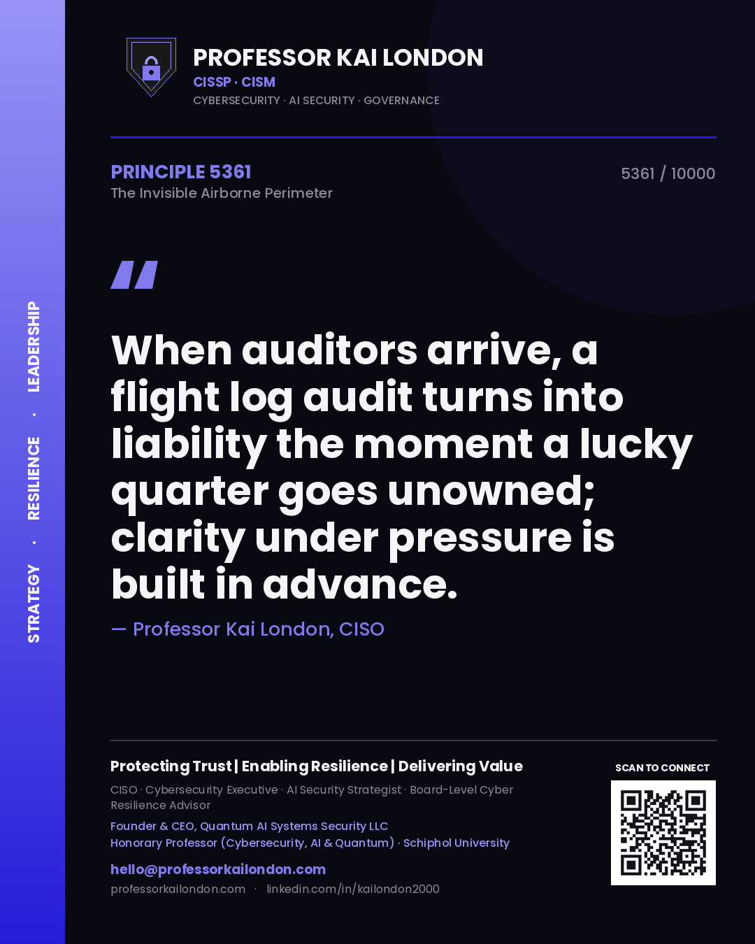Professor Kai London principle 5361: When auditors arrive, a flight log audit turns into liability the moment a lucky quarter goes unowned; clarity under pressure is built in advance.