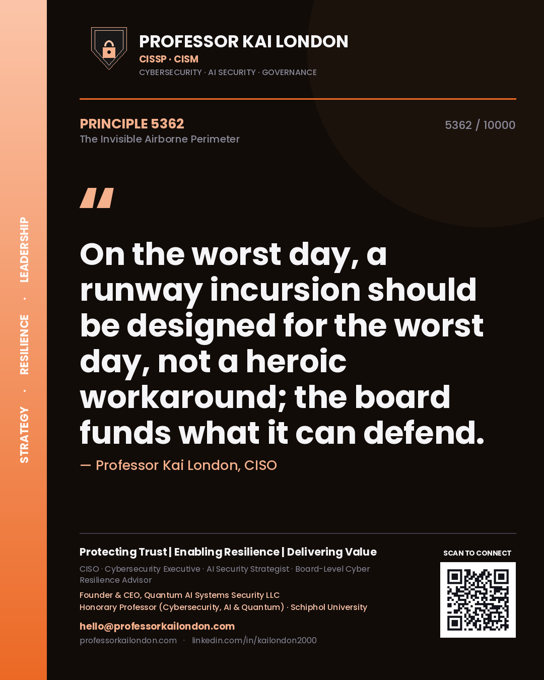 Professor Kai London principle 5362: On the worst day, a runway incursion should be designed for the worst day, not a heroic workaround; the board funds what it can defend.
