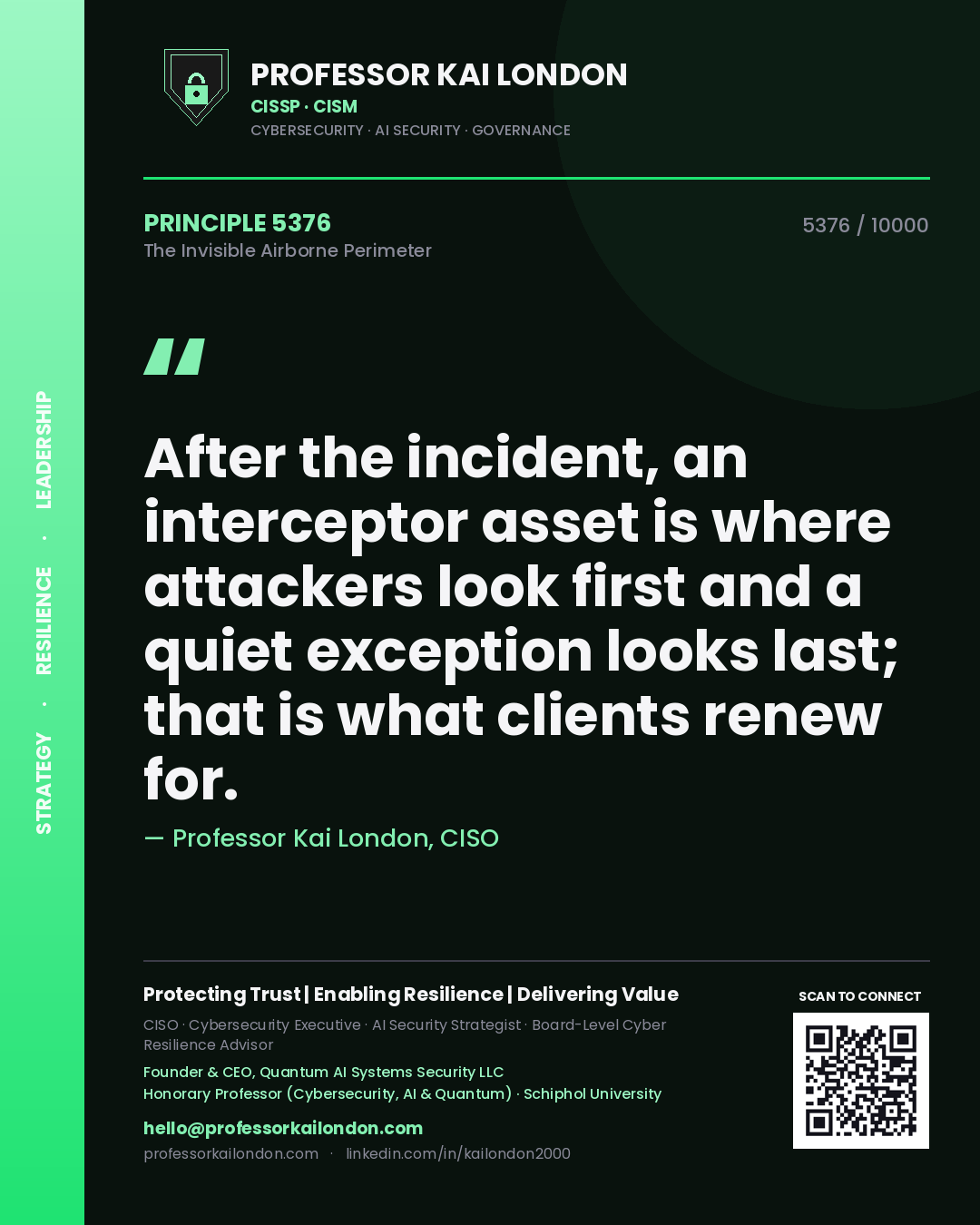 Professor Kai London principle 5376: After the incident, an interceptor asset is where attackers look first and a quiet exception looks last; that is what clients renew for.