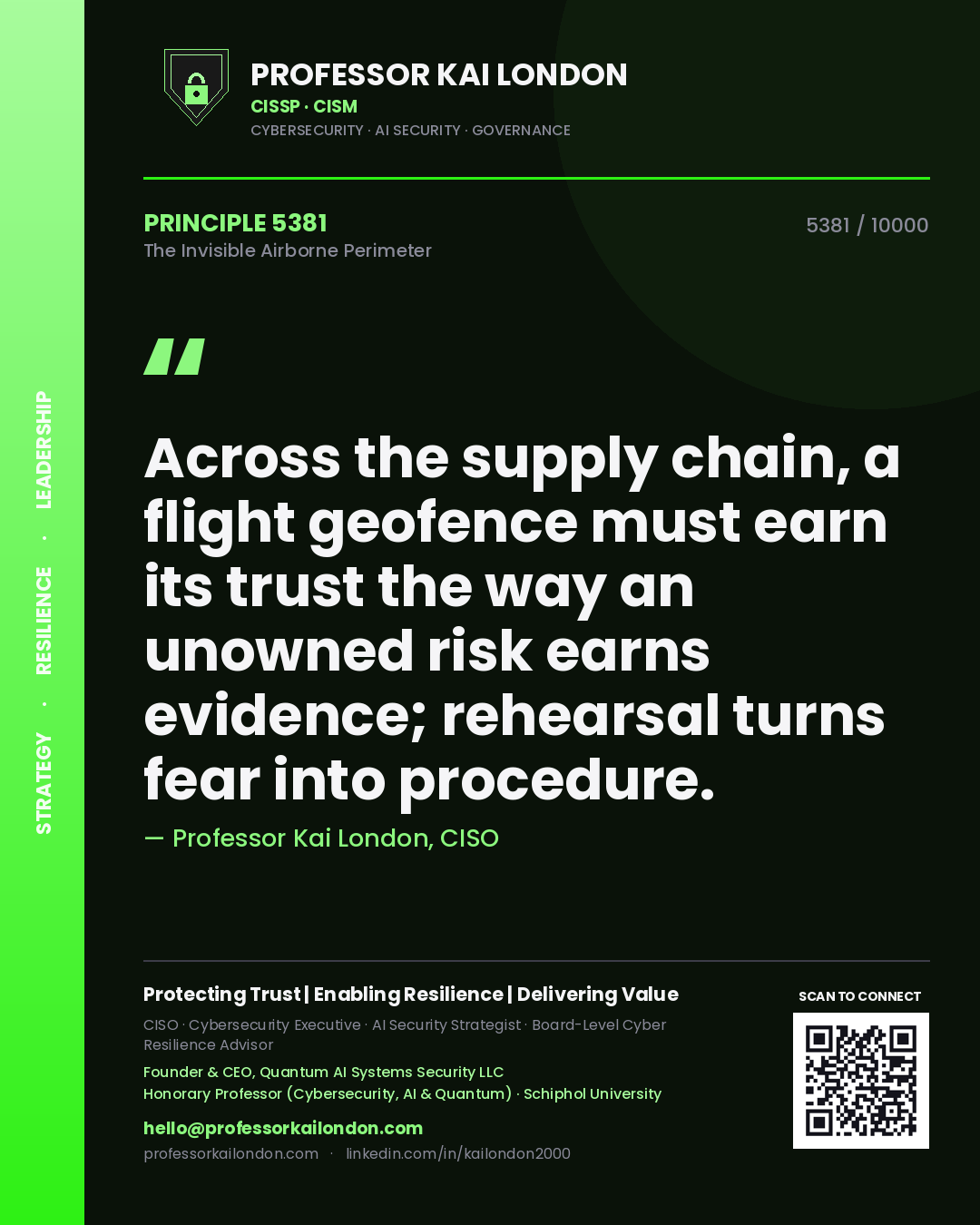 Professor Kai London principle 5381: Across the supply chain, a flight geofence must earn its trust the way an unowned risk earns evidence; rehearsal turns fear into procedure.