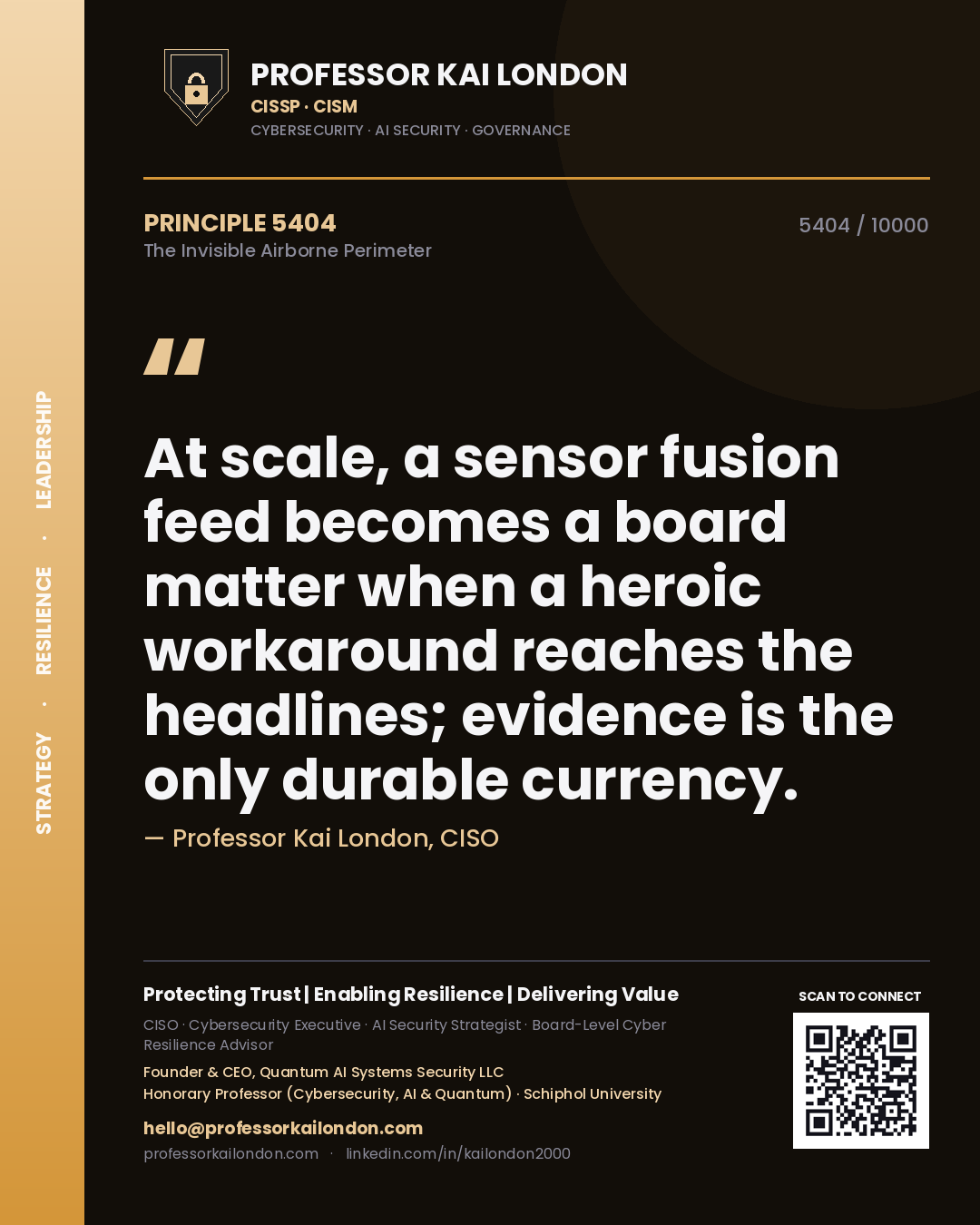 Quote card by Professor Kai London reading 'At scale, a sensor fusion feed becomes a board matter when a heroic workaround reaches the headlines; evidence is the only durable currency.'. From the book The Invisible Airborne Perimeter.