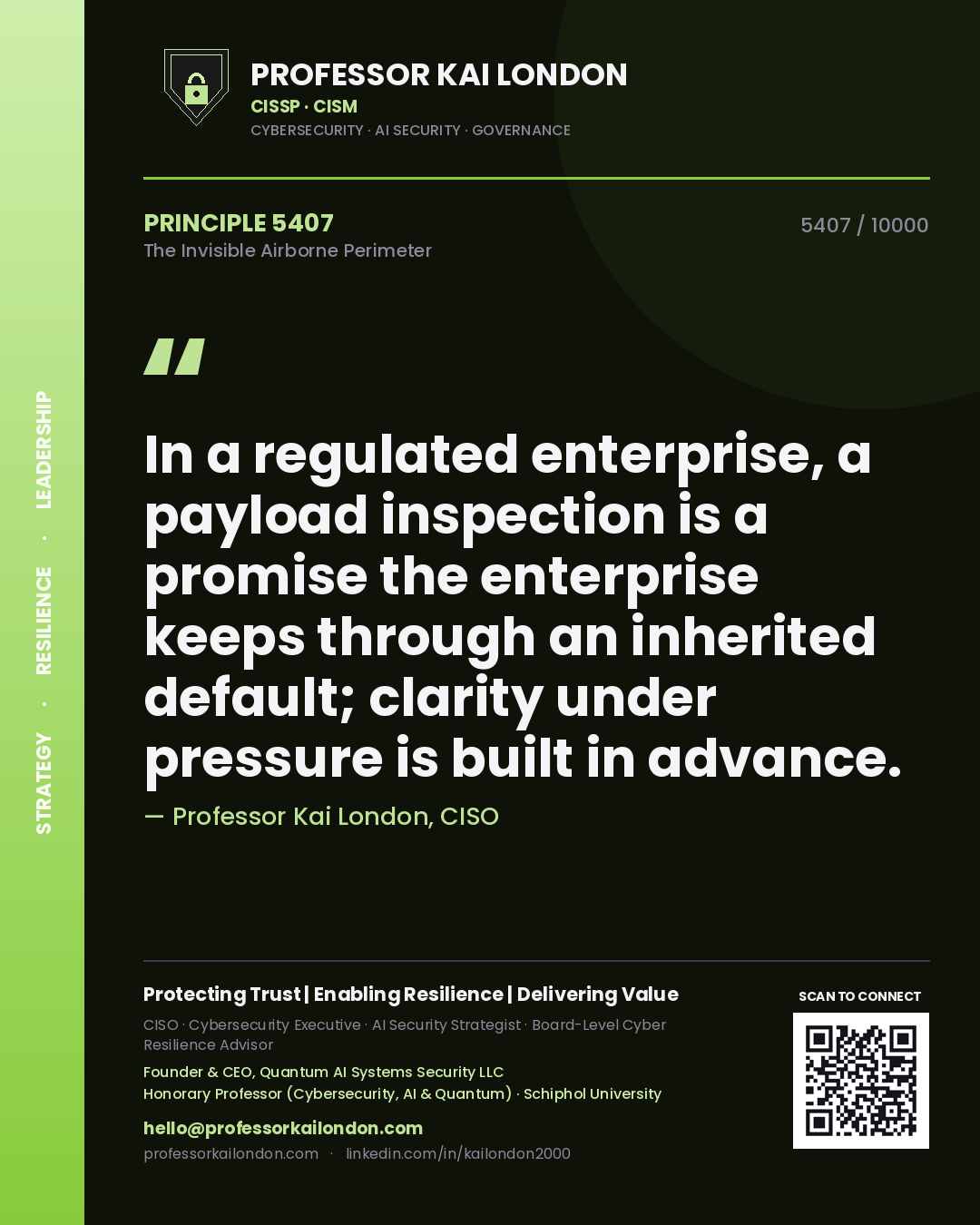 Quote card by Professor Kai London reading 'In a regulated enterprise, a payload inspection is a promise the enterprise keeps through an inherited default; clarity under pressure is built in advance.'. From the book The Invisible Airborne Perimeter.