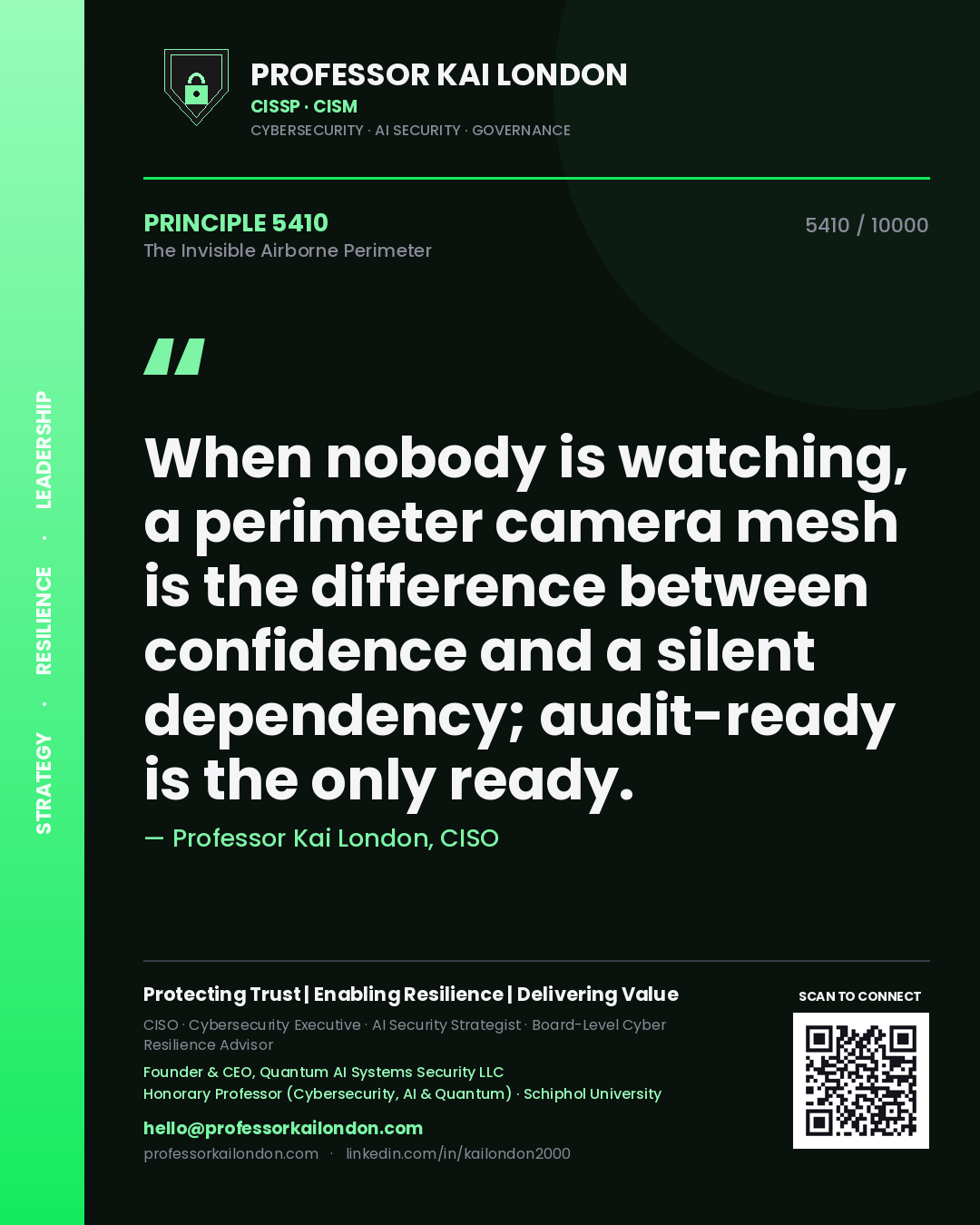 Quote card by Professor Kai London reading 'When nobody is watching, a perimeter camera mesh is the difference between confidence and a silent dependency; audit-ready is the only ready.'. From the book The Invisible Airborne Perimeter.