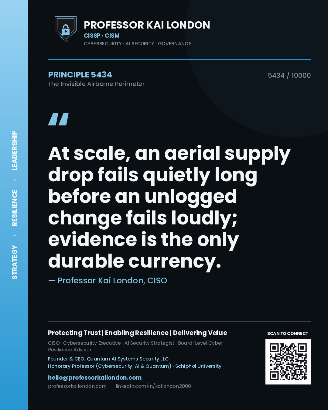 Quote card by Professor Kai London reading 'At scale, an aerial supply drop fails quietly long before an unlogged change fails loudly; evidence is the only durable currency.'. From the book The Invisible Airborne Perimeter.