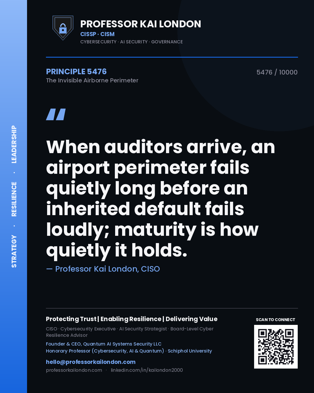 Quote card by Professor Kai London reading 'When auditors arrive, an airport perimeter fails quietly long before an inherited default fails loudly; maturity is how quietly it holds.'. From the book The Invisible Airborne Perimeter.