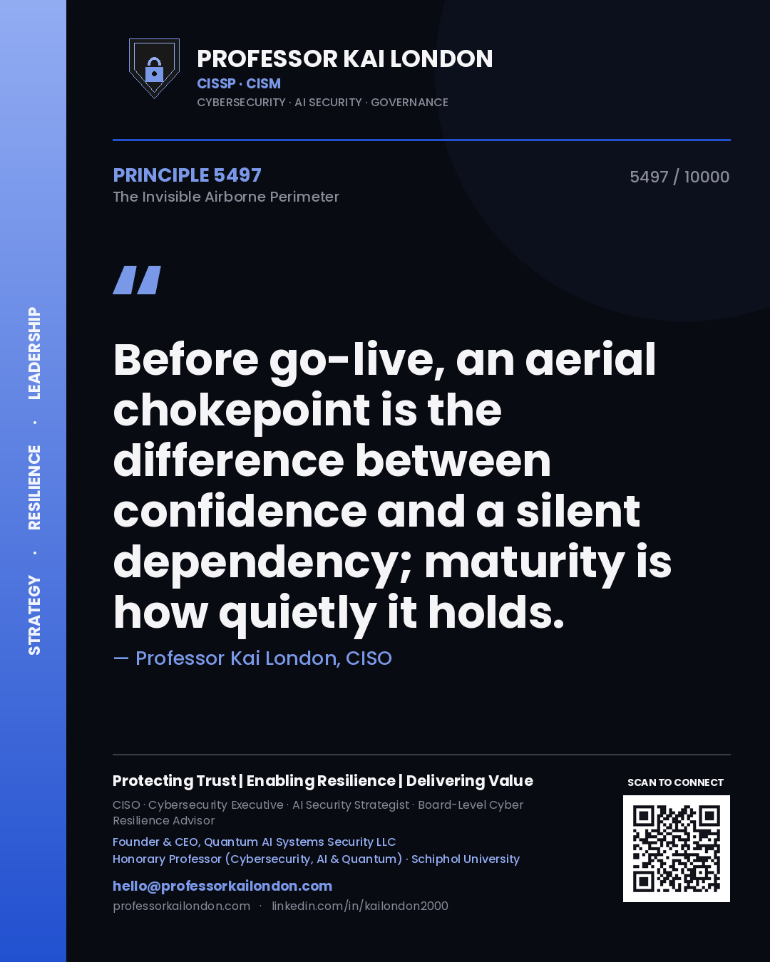 Professor Kai London principle 5497: Before go-live, an aerial chokepoint is the difference between confidence and a silent dependency; maturity is how quietly it holds.