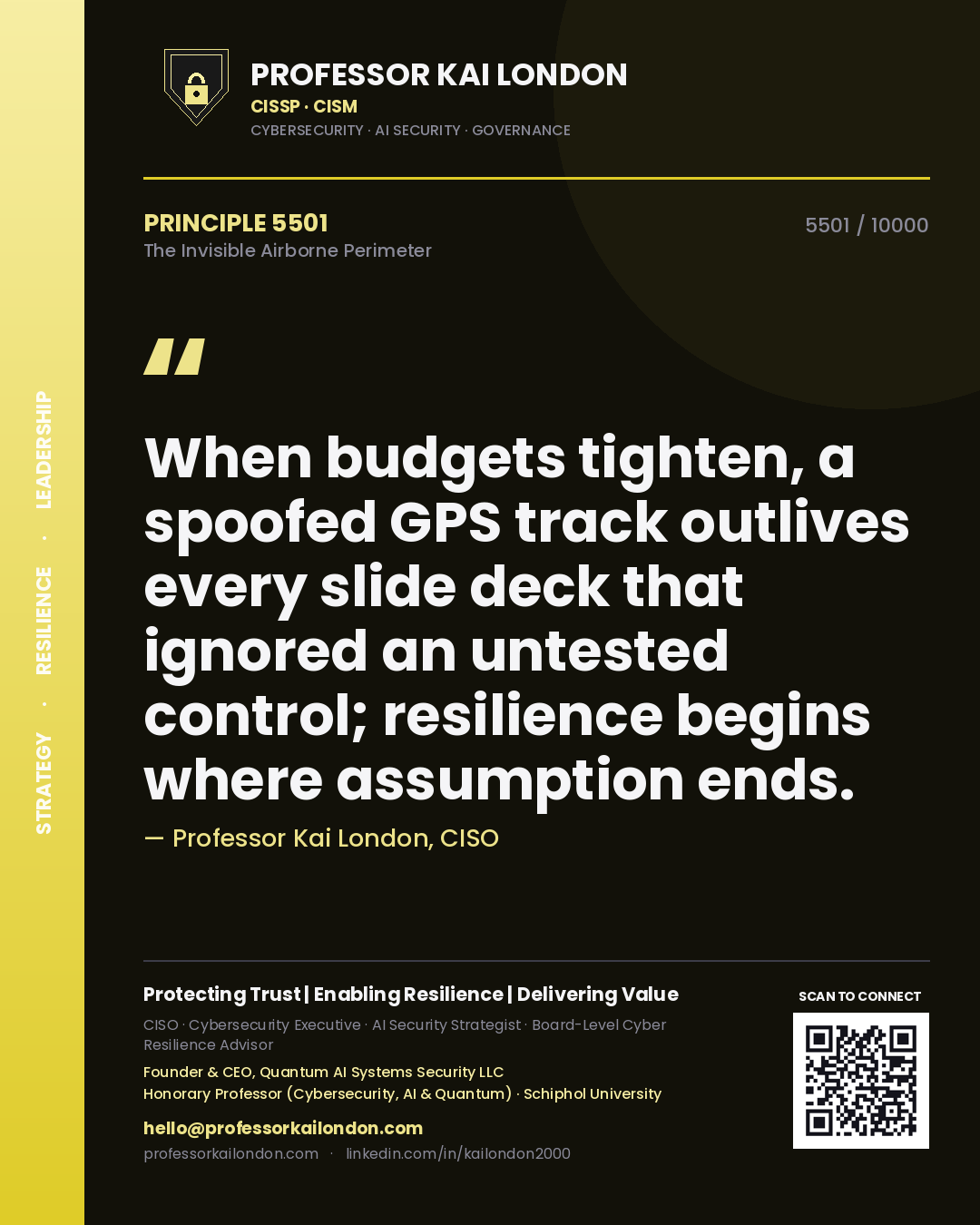 Quote card by Professor Kai London reading 'When budgets tighten, a spoofed GPS track outlives every slide deck that ignored an untested control; resilience begins where assumption ends.'. From the book The Invisible Airborne Perimeter.