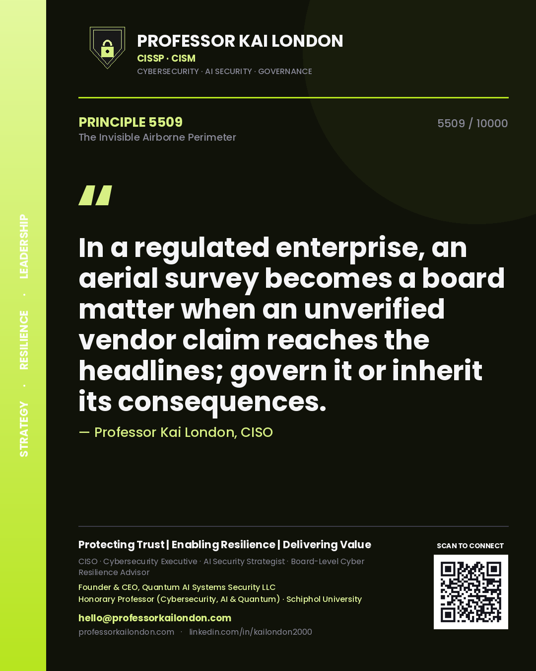 Quote card by Professor Kai London reading 'In a regulated enterprise, an aerial survey becomes a board matter when an unverified vendor claim reaches the headlines; govern it or inherit its consequences.'. From the book The Invisible Airborne Perimeter.