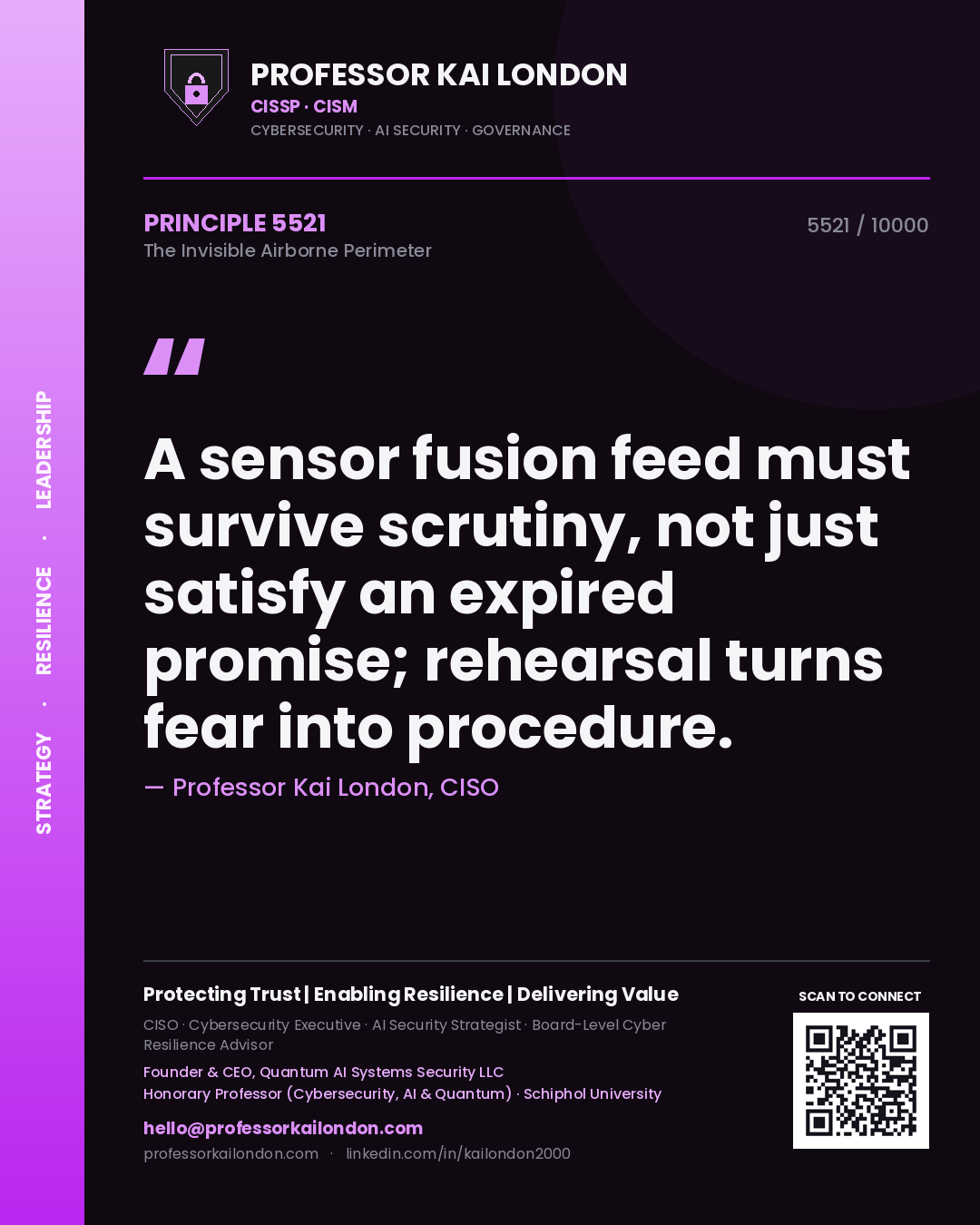 Quote card by Professor Kai London reading 'A sensor fusion feed must survive scrutiny, not just satisfy an expired promise; rehearsal turns fear into procedure.'. From the book The Invisible Airborne Perimeter.