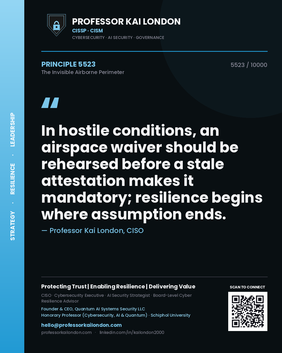 Quote card by Professor Kai London reading 'In hostile conditions, an airspace waiver should be rehearsed before a stale attestation makes it mandatory; resilience begins where assumption ends.'. From the book The Invisible Airborne Perimeter.