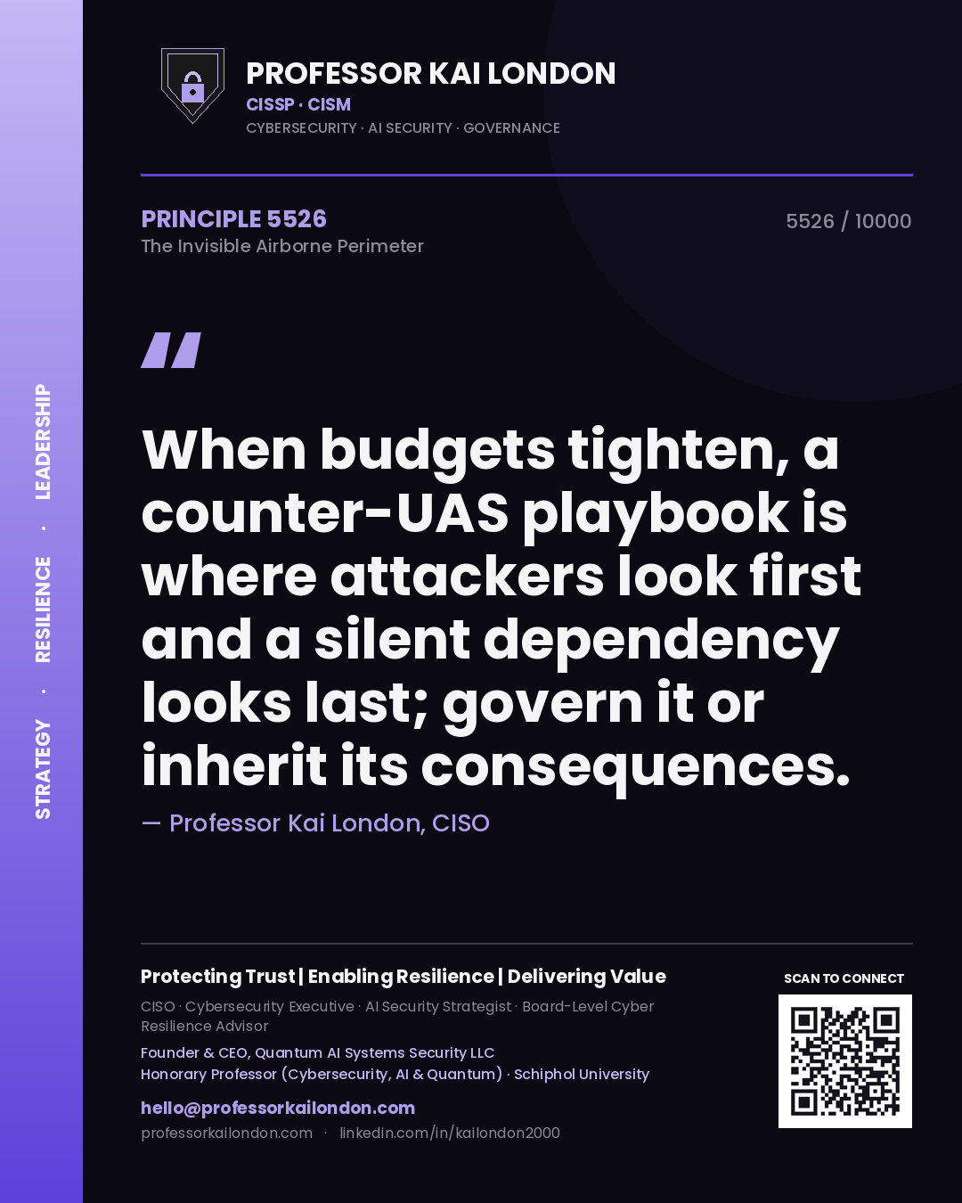 Quote card by Professor Kai London reading 'When budgets tighten, a counter-UAS playbook is where attackers look first and a silent dependency looks last; govern it or inherit its consequences.'. From the book The Invisible Airborne Perimeter.