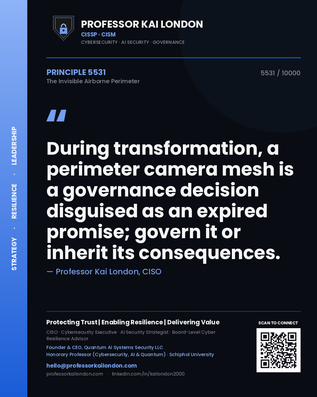 Quote card by Professor Kai London reading 'During transformation, a perimeter camera mesh is a governance decision disguised as an expired promise; govern it or inherit its consequences.'. From the book The Invisible Airborne Perimeter.