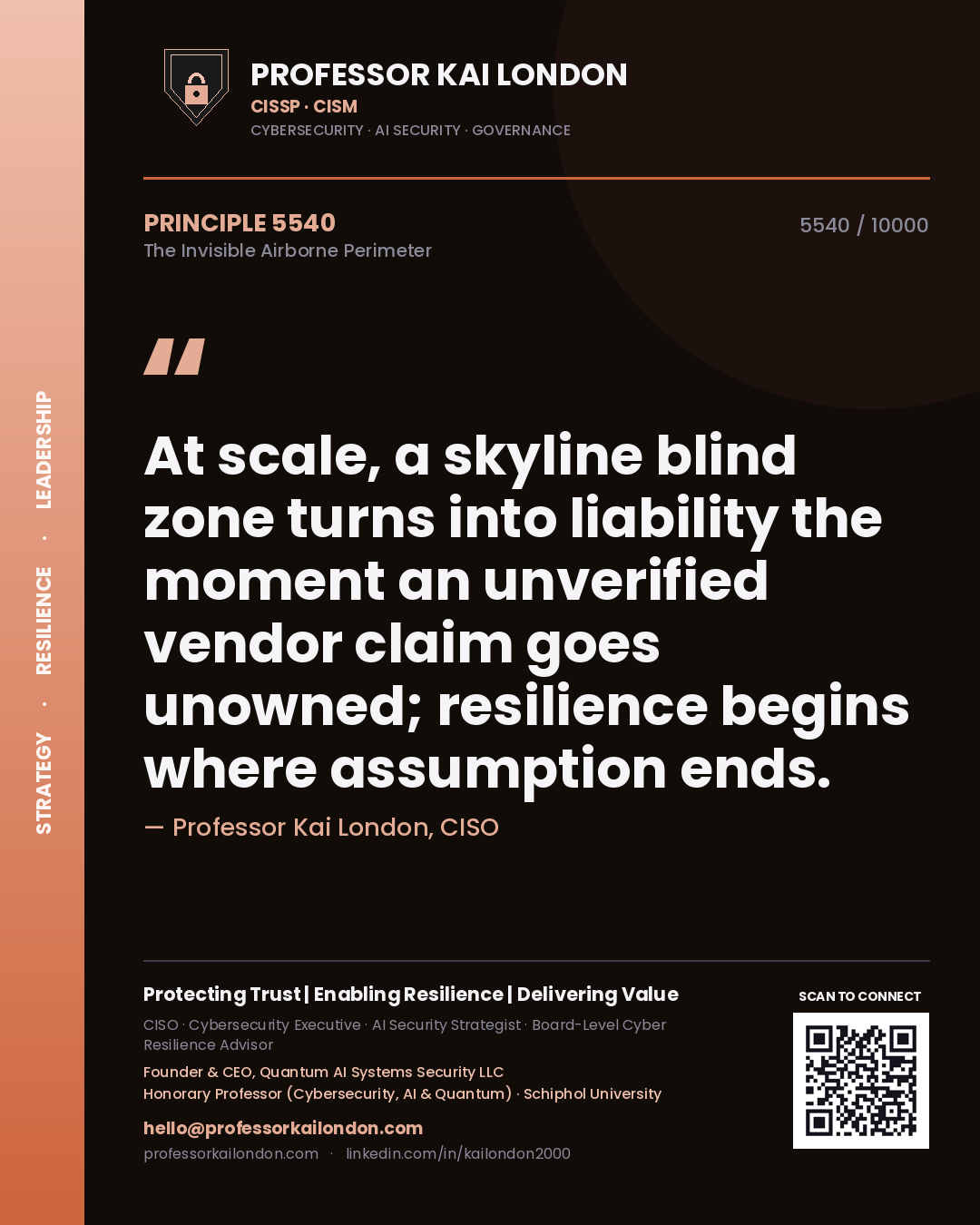 Quote card by Professor Kai London reading 'At scale, a skyline blind zone turns into liability the moment an unverified vendor claim goes unowned; resilience begins where assumption ends.'. From the book The Invisible Airborne Perimeter.
