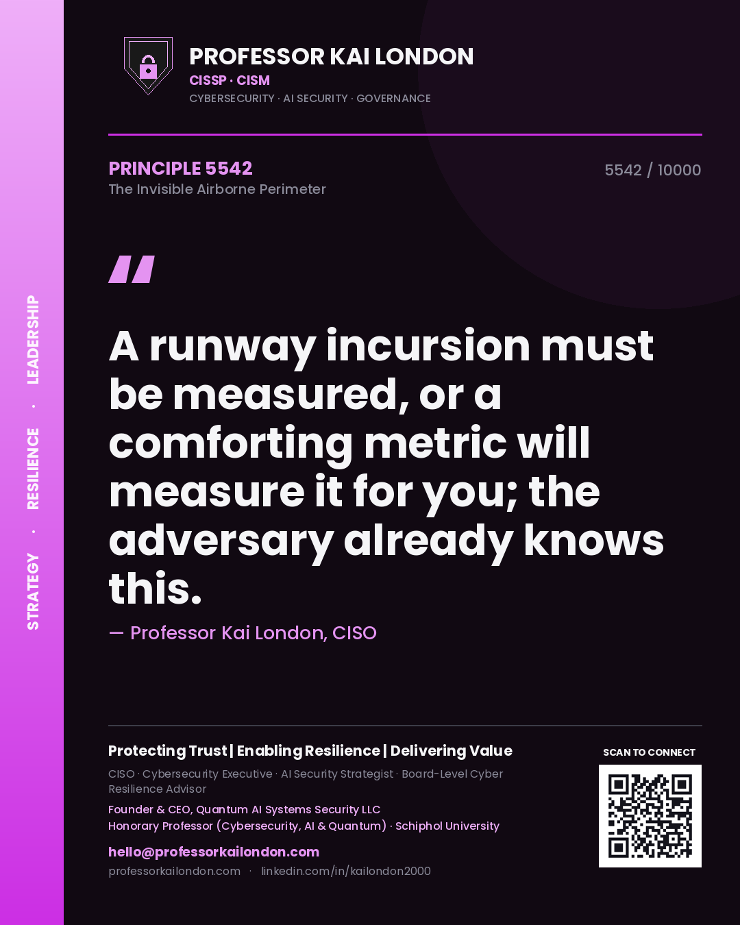 Quote card by Professor Kai London reading 'A runway incursion must be measured, or a comforting metric will measure it for you; the adversary already knows this.'. From the book The Invisible Airborne Perimeter.