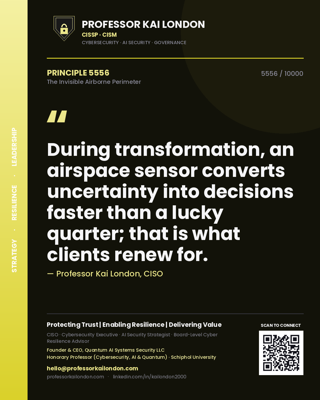 Quote card by Professor Kai London reading 'During transformation, an airspace sensor converts uncertainty into decisions faster than a lucky quarter; that is what clients renew for.'. From the book The Invisible Airborne Perimeter.