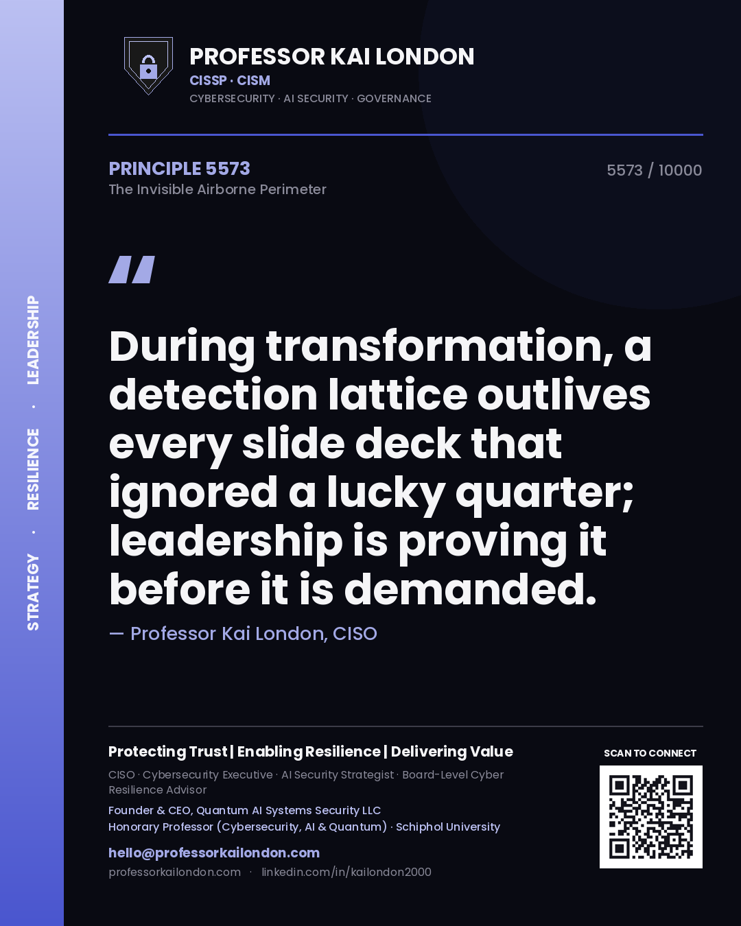 Quote card by Professor Kai London reading 'During transformation, a detection lattice outlives every slide deck that ignored a lucky quarter; leadership is proving it before it is demanded.'. From the book The Invisible Airborne Perimeter.