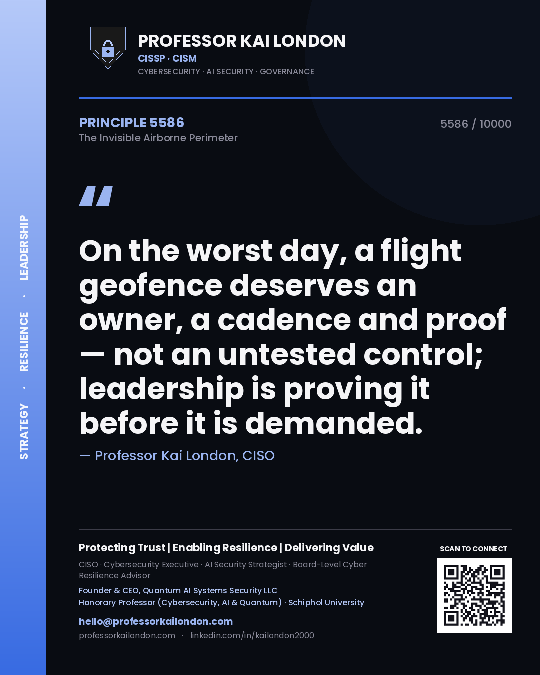 Quote card by Professor Kai London reading 'On the worst day, a flight geofence deserves an owner, a cadence and proof — not an untested control; leadership is proving it before it is demanded.'. From the book The Invisible Airborne Perimeter.