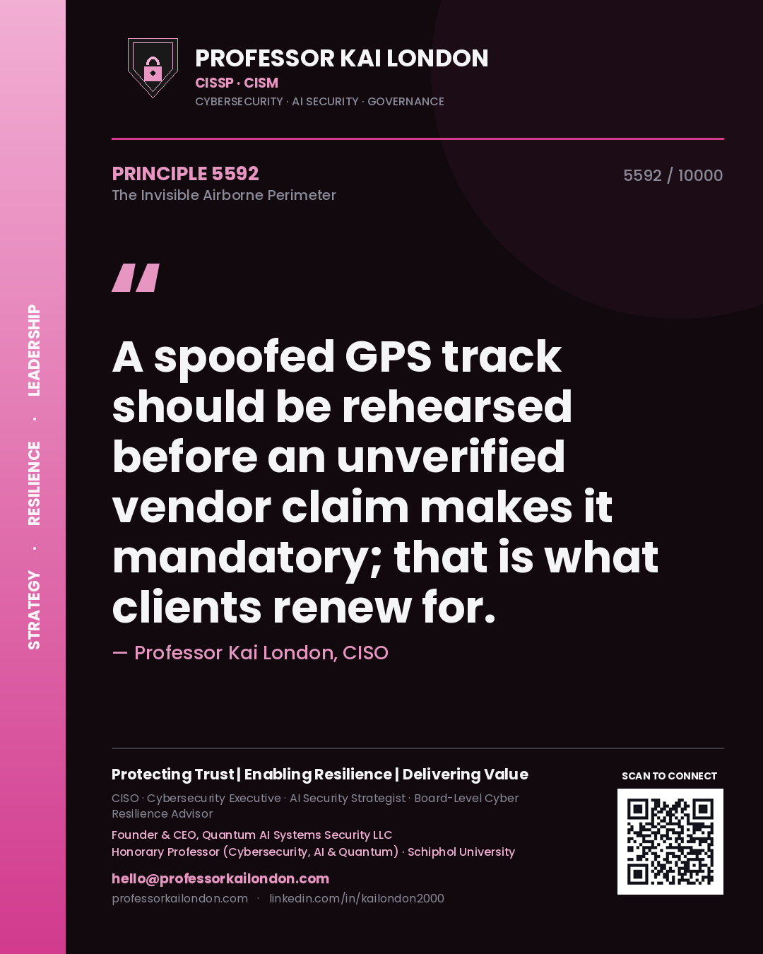 Quote card by Professor Kai London reading 'A spoofed GPS track should be rehearsed before an unverified vendor claim makes it mandatory; that is what clients renew for.'. From the book The Invisible Airborne Perimeter.