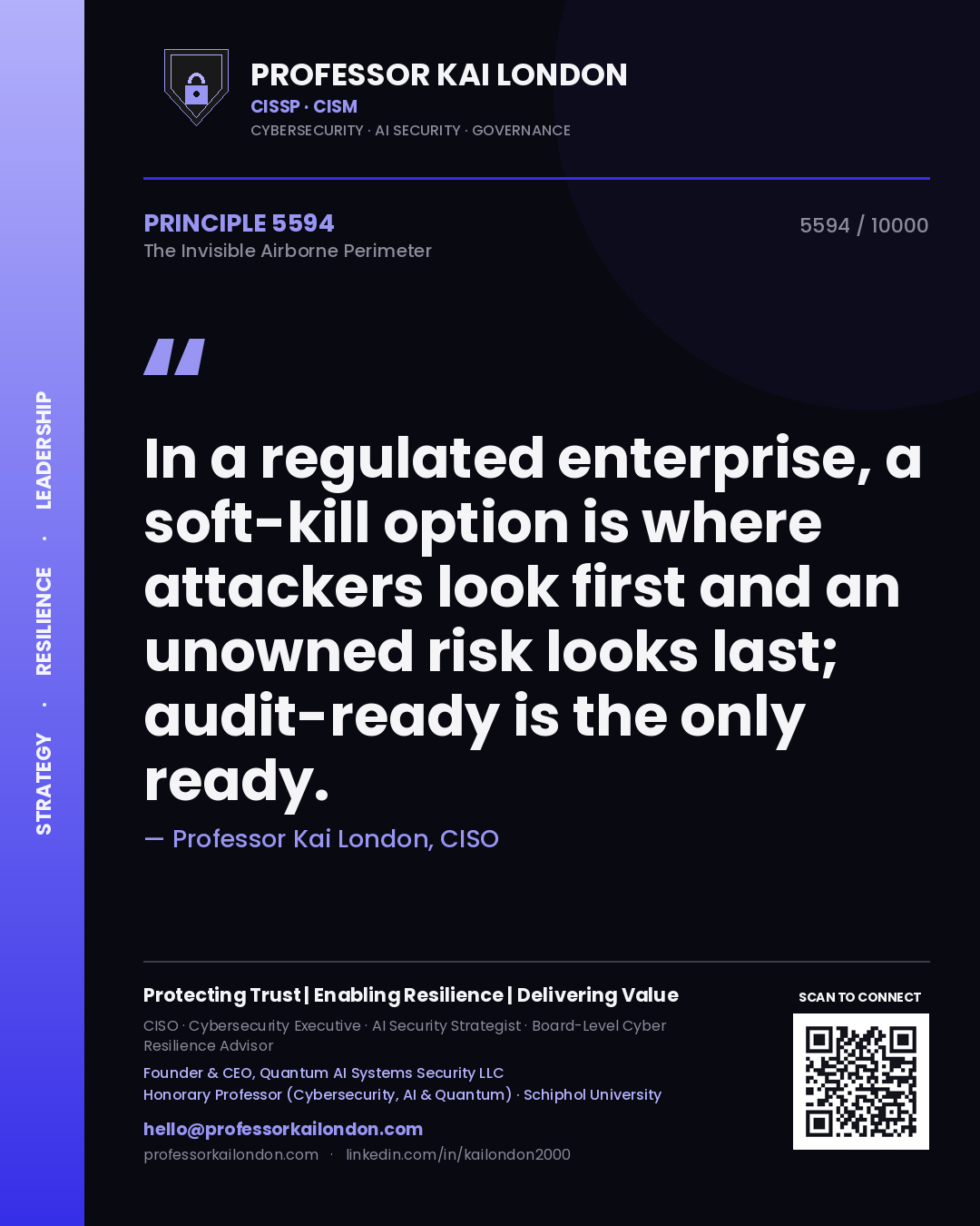 Quote card by Professor Kai London reading 'In a regulated enterprise, a soft-kill option is where attackers look first and an unowned risk looks last; audit-ready is the only ready.'. From the book The Invisible Airborne Perimeter.