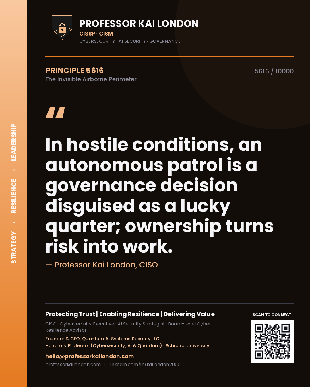 Quote card by Professor Kai London reading 'In hostile conditions, an autonomous patrol is a governance decision disguised as a lucky quarter; ownership turns risk into work.'. From the book The Invisible Airborne Perimeter.
