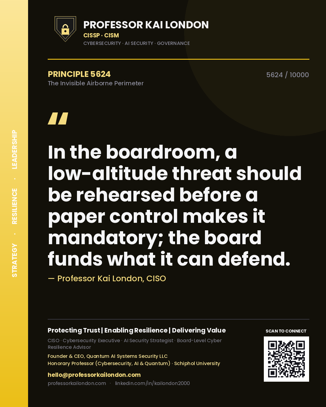 Quote card by Professor Kai London reading 'In the boardroom, a low-altitude threat should be rehearsed before a paper control makes it mandatory; the board funds what it can defend.'. From the book The Invisible Airborne Perimeter.