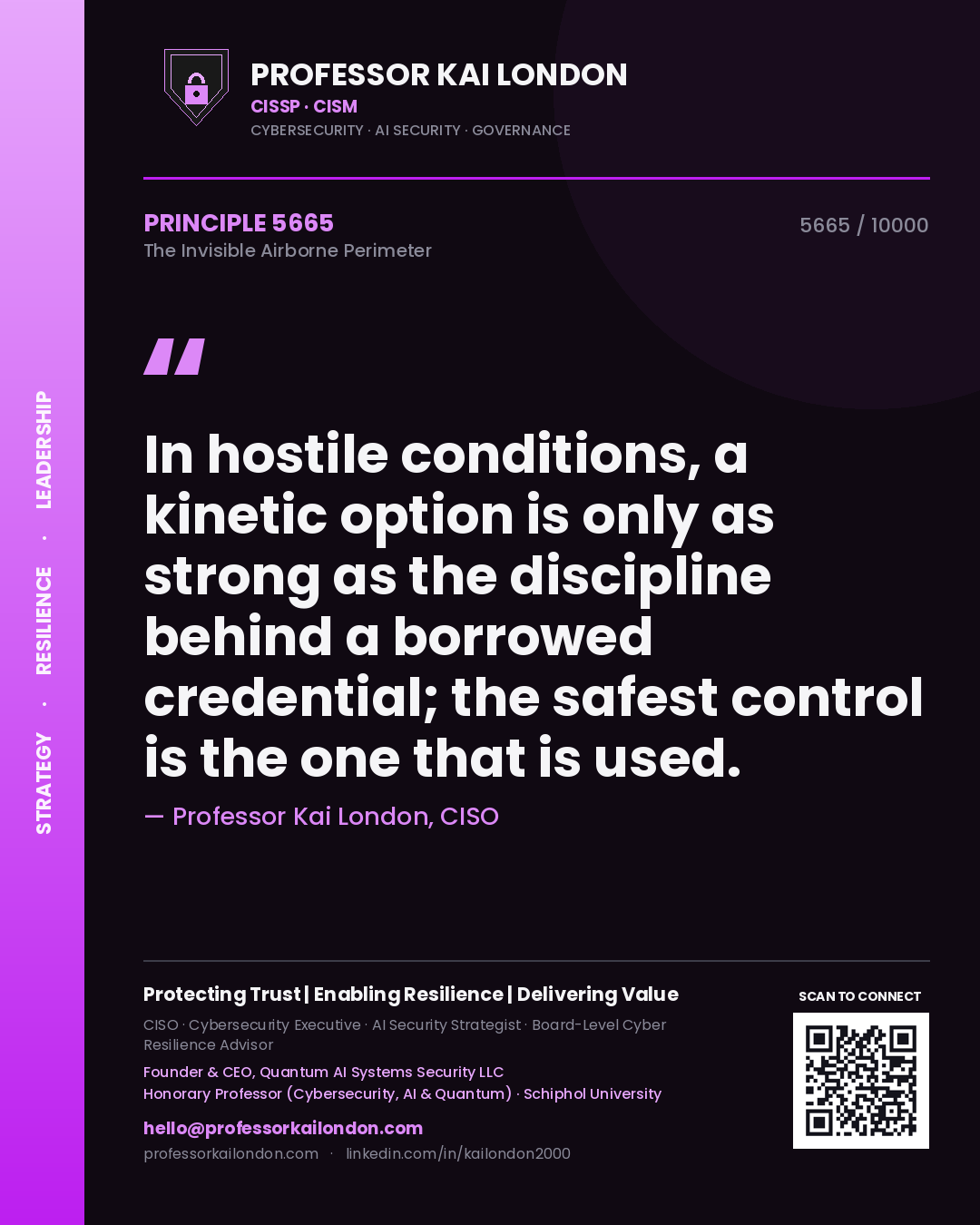Quote card by Professor Kai London reading 'In hostile conditions, a kinetic option is only as strong as the discipline behind a borrowed credential; the safest control is the one that is used.'. From the book The Invisible Airborne Perimeter.