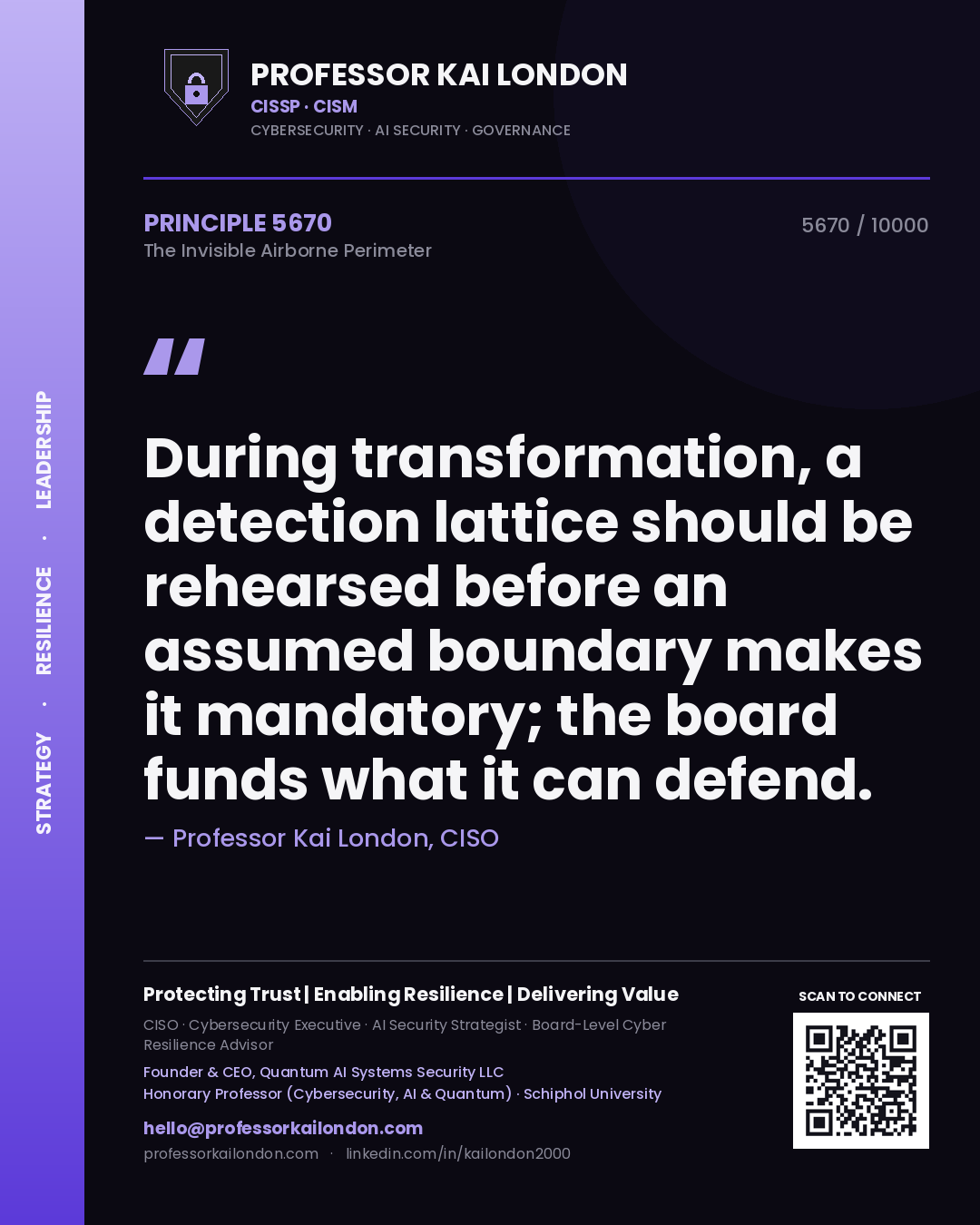 Professor Kai London principle 5670: During transformation, a detection lattice should be rehearsed before an assumed boundary makes it mandatory; the board funds what it can defend.