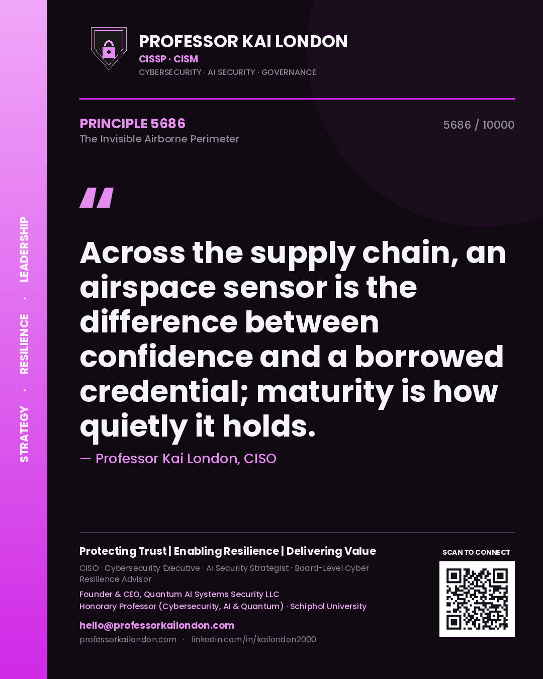 Quote card by Professor Kai London reading 'Across the supply chain, an airspace sensor is the difference between confidence and a borrowed credential; maturity is how quietly it holds.'. From the book The Invisible Airborne Perimeter.